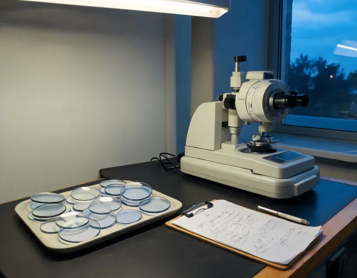 Optical bench with photochromic lens blanks and a specification clipboard