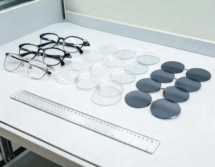 Sunglass frames waiting for photochromic lenses fit check