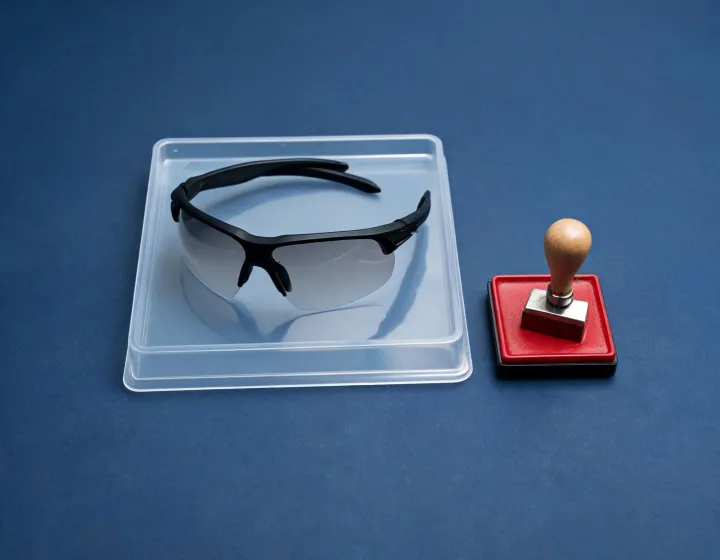 Sample cycling sunglasses with photochromic lenses on an approval tray
